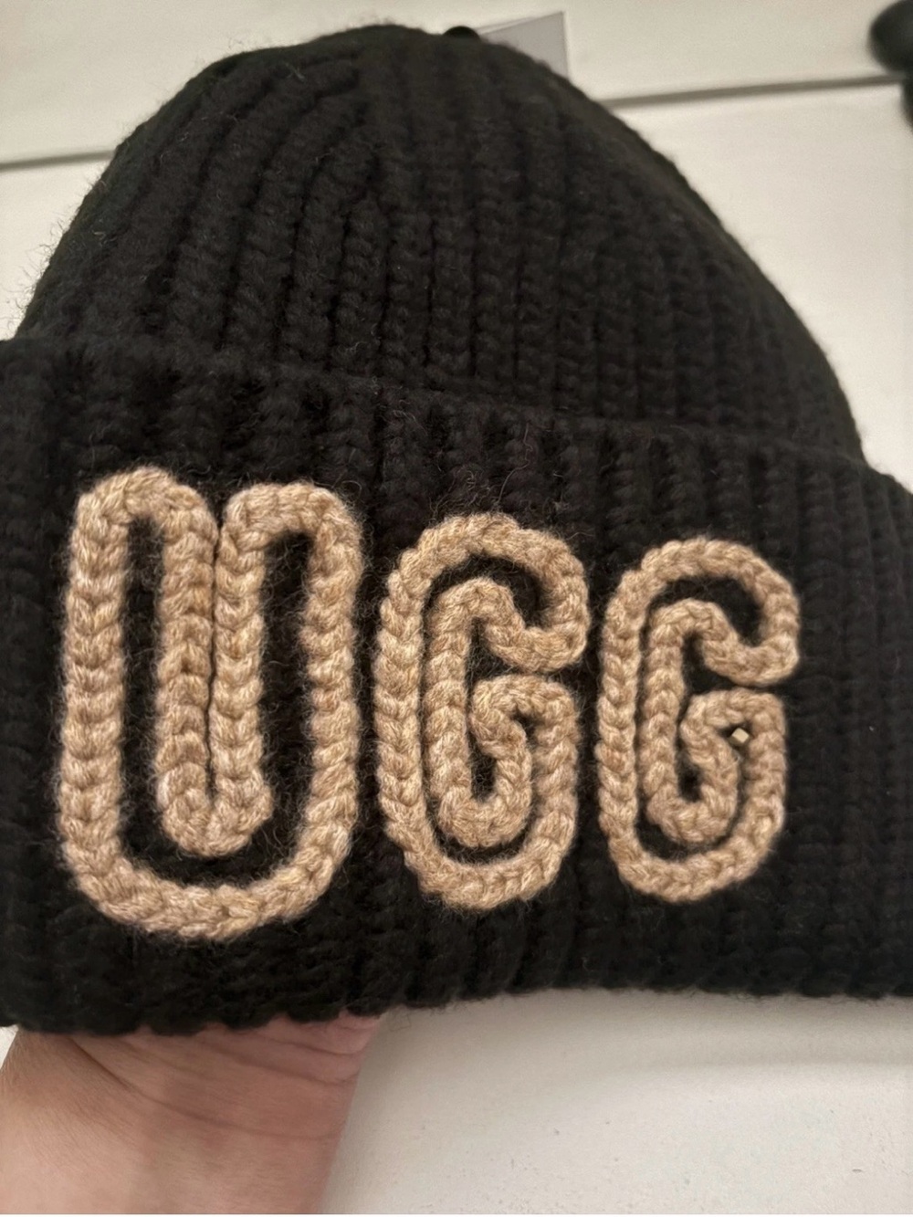 UGG Black Knit Beanie with Tan Logo Embroidery New